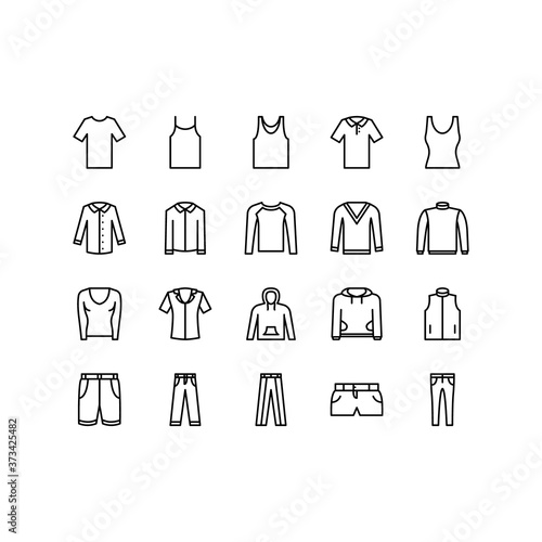 Clothing line icon set. Vector Illustration Included Icon as t-shirt  undershirt  shirt  sweater  sweatshirt  shorts  pants. Flat Pictogram for fashion application. Editable Stroke