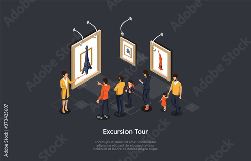 Travels And Excursions, Tours And Attractions Concept. A Group Of People With Children Visit An Art Museum. The Guide Informs About The Eiffel Tower in Paris. Colorful 3d Isometric Vector Illustration