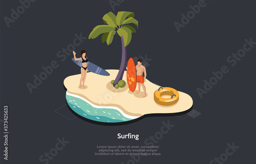 Summer Vacation, Surfing And Holidays Concept. Male And Female Characters With Surfing Equipment. Man And Woman Surfers With Surfboards Meet On The Beach. Colorful 3d Isometric Vector Illustration
