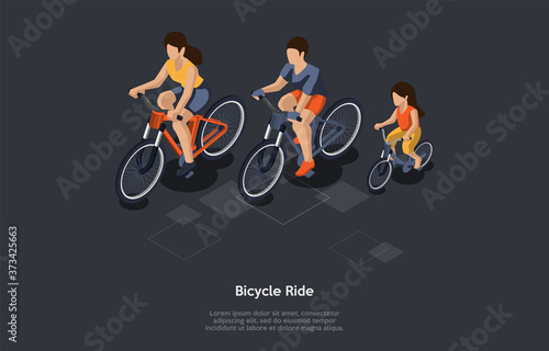 Sports, Healthcare, Healthy Lifestyle And Outdoors Recreation Concept. Cycling With Kid. Adults And Kid Learning How To Ride A Bicycle On A Wide-Open PLace. Colorful 3d Isometric Vector Illustration