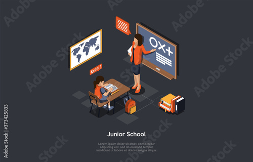 Education And Studying Concept. Teacher Shows An Example Explaining The Meaning Of Different Symbols To Junior Pupil. Girl Sits At The Desk Reading A Book. Colorful 3d Isometric Vector Illustration