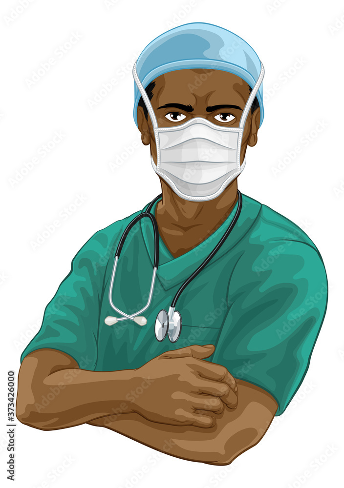 A doctor or nurse medical healthcare professional character wearing scrubs uniform. With arms folded and serious but caring look. Wearing PPE including face mask. A doctor or nurse medical healthcare professional character wearing scrubs uniform. With arms folded and serious but caring look. Wearing PPE including face mask.