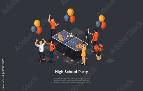 Education And Graduation Concept. High School Party With Pizza, Confetti, Drinks And Balloons. College Celebration Of Finishing Session, Congratulating Event. Colorful 3d Isometric Vector Illustration