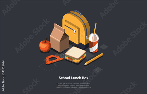 School Supplies And Accessories Concept. A Set Of Schoolbag, School Lunch Box, Pencil, Ruler, Apple, Sandwitch And Drink On Dark Grey Graphite Background. Colorful 3d Isometric Vector Illustration