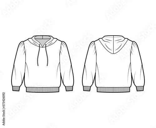 Cropped cotton-jersey hoodie technical fashion illustration with loose fit, puffed shoulders, elbow sleeves, ribbed trims. Flat jumper template front back white color. Women men unisex sweatshirt top