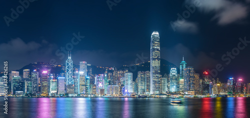 Photography Panorama of night scenery of Victoria Harbor in Hong Kong city