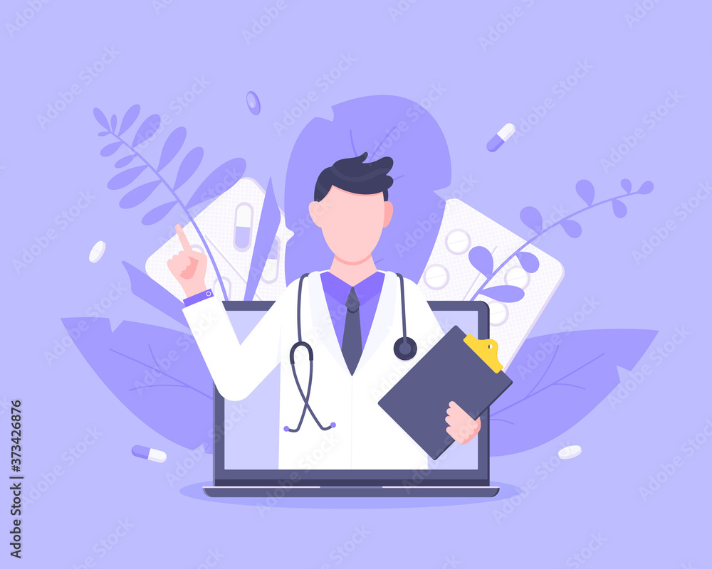 Online doctor medical service concept with doctor in the laptop vector illustration. Telemedicine web consultation for patients health care check ups and taking medicine prescription pills. Online doctor medical service concept with doctor in the laptop vector illustration. Telemedicine web consultation for patients health care check ups and taking medicine prescription pills.