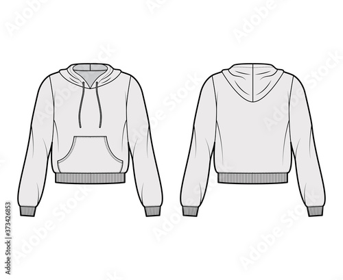 Cotton-fleece hoodie technical fashion illustration with relaxed fit, long sleeves, ribbed trims, front pocket. Flat jumper apparel template front, back, grey color. Women, men, unisex sweatshirt top