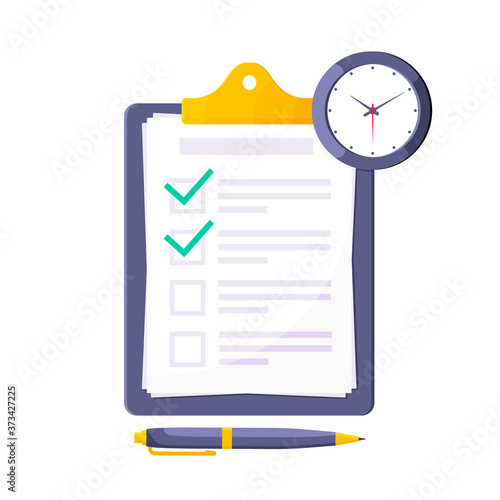 Clipboard with complete checklist flat style design icon sign vector illustration isolated on white background. Complete to do tasks application form or survey document business concept.