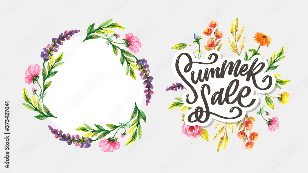 Trendy floral vector template. Summer flowers and Summer sale lettering illustration. Shabby gold texture on striped background. Trendy floral vector template. Summer flowers and Summer sale lettering illustration. Shabby gold texture on striped background.