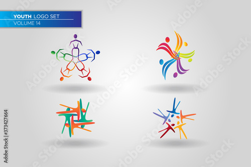Youth Social Activities Logo Set Template. Pentagon people