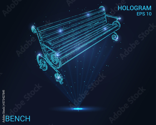 The bench is a hologram. A holographic projection of a bench. A flickering energy stream of particles. The scientific design of the bench.