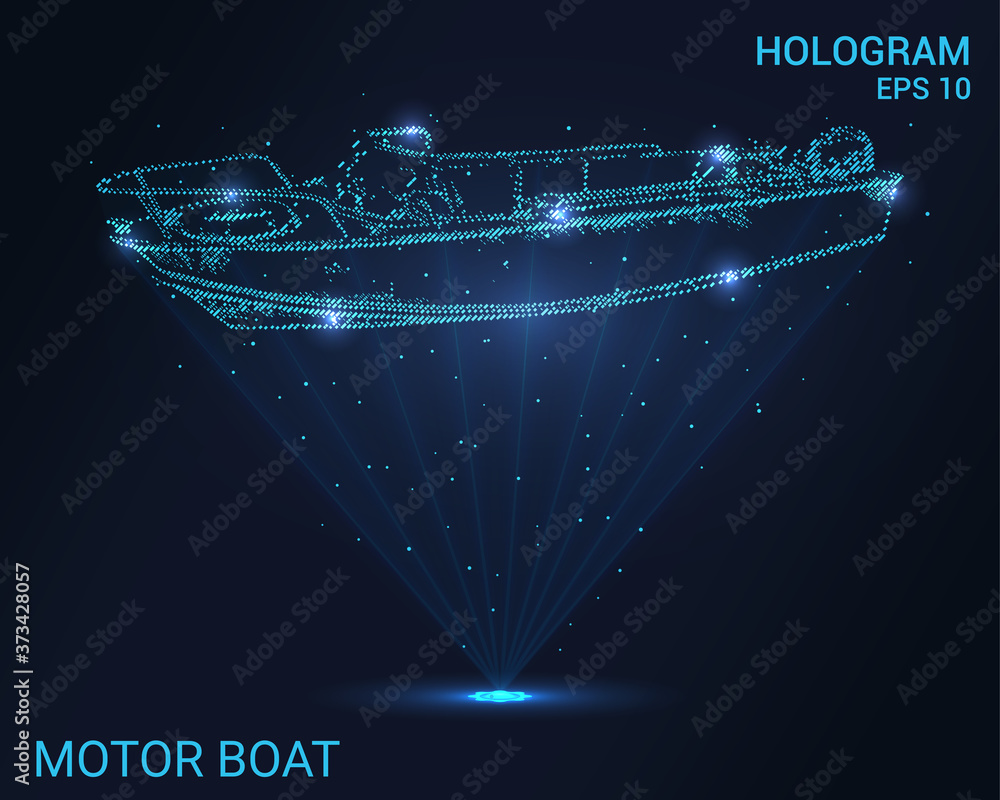 Motor boat hologram. Holographic projection of the boat. A flickering