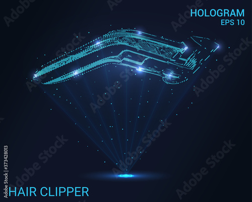 Hair clipper hologram. Holographic projection hair clipper. A flickering energy stream of particles. Scientific design hair clipper.