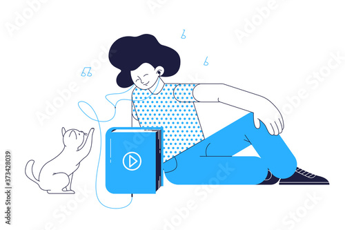 Vector illustration of young boy character sit and enjoy listening to audio books on his mobile app smartphone concept. Flat line art modern style. 