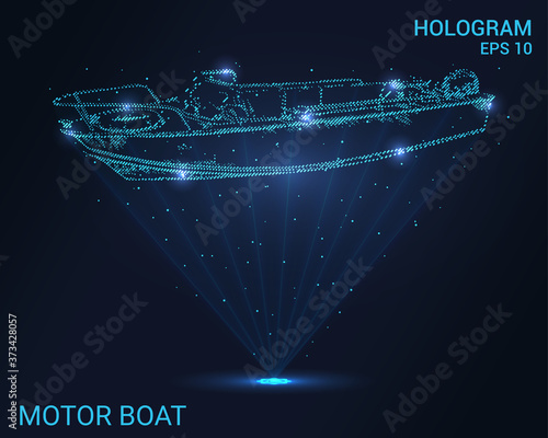 Motor boat hologram. Holographic projection of the boat. A flickering energy stream of particles. Research design a motor boat.
