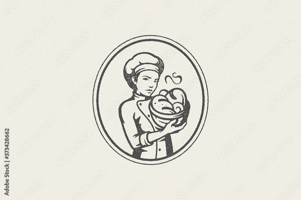 Woman baker in chef uniform with container of fresh buns work in bakery hand drawn stamp effect vector illustration.