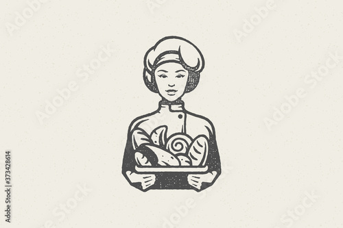 Woman baker in chef uniform with container of fresh buns work in bakery hand drawn stamp effect vector illustration.