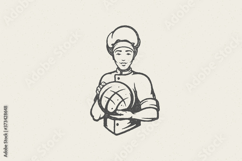 Man baker in chef uniform holding loaf of fresh bread working in bakery hand drawn stamp effect vector illustration.