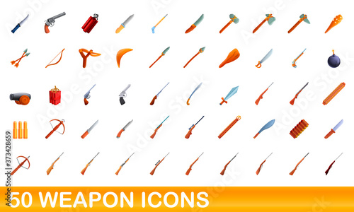 50 weapon icons set. Cartoon illustration of 50 weapon icons vector set isolated on white background