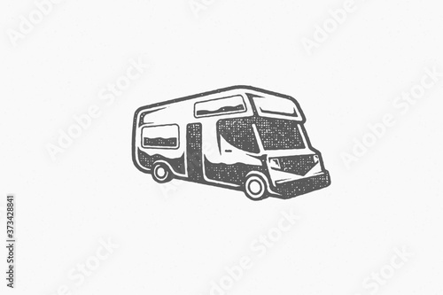 Silhouette of rv trailer for journey in countryside as symbol tourism hand drawn stamp effect vector illustration.