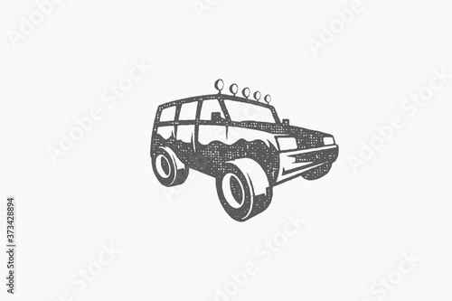 Black silhouette of off road car designed as symbol of travel through nature hand drawn stamp effect vector illustration