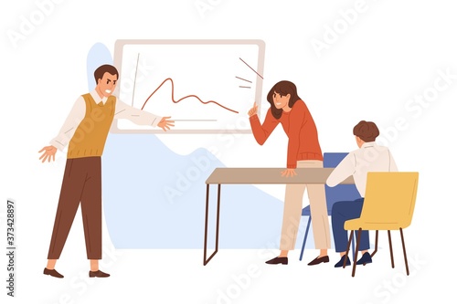 Aggressive people quarrel at office workplace. Angry business partner or colleague scream. Problem in work communication or controversy conversation, conflict scene. Flat vector cartoon illustration