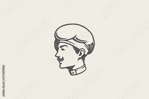 Logo icon head of smiling male cook silhouette in chef hat hand drawn stamp effect vector illustration.