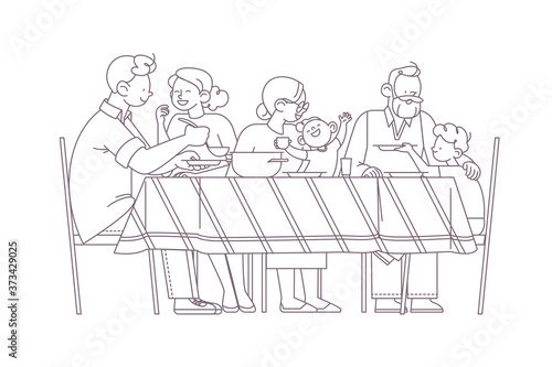 Family at the table portrait. Happy parents, grandparents and children having dinner together, chatting, hug each other  isolated on white background. Outline vector illustration. Line art.