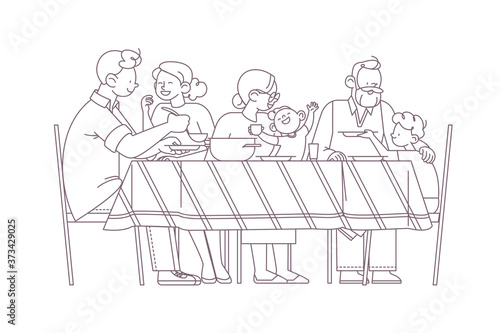 Family at the table portrait. Happy parents  grandparents and children having dinner together  chatting  hug each other  isolated on white background. Outline vector illustration. Line art.