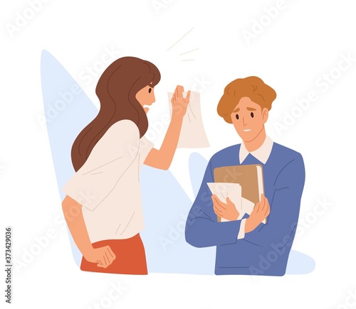 Boss shout and demonstrate document with mistake to employee. Depressed manager holding papers. Scene of office scolds or psychological pressure. Flat vector cartoon illustration isolated on white