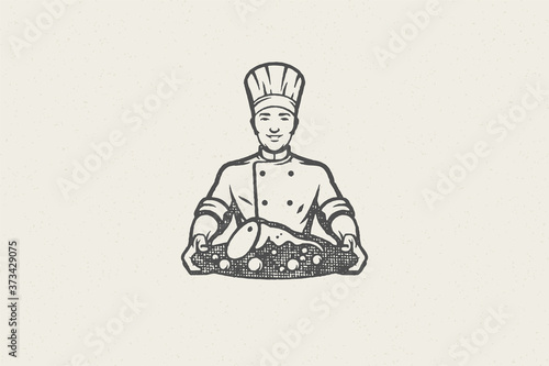 Positive male chef with mustache holding plate roasted pork hand drawn stamp effect vector illustration.