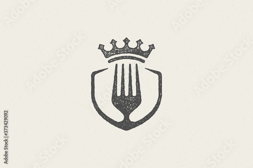 Fork silhouette and crown for premium food concept hand drawn stamp effect vector illustration.