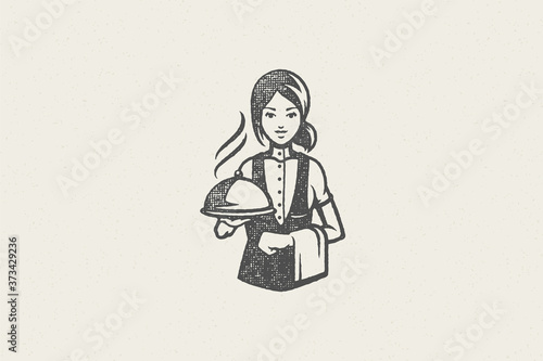 Professional waitress holding tray silhouette with hot food covered with cloche