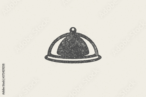 Dish plate with cloche silhouette hand drawn stamp effect vector illustration.