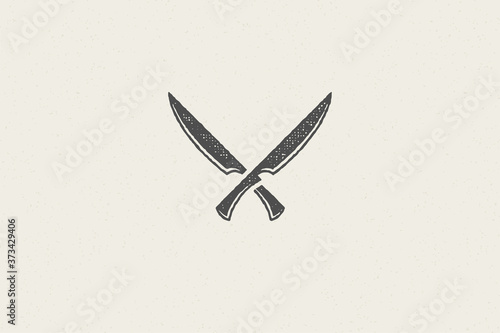 Sharp butcher knives crossed silhouette symbol for meat industry hand drawn stamp effect vector illustration.