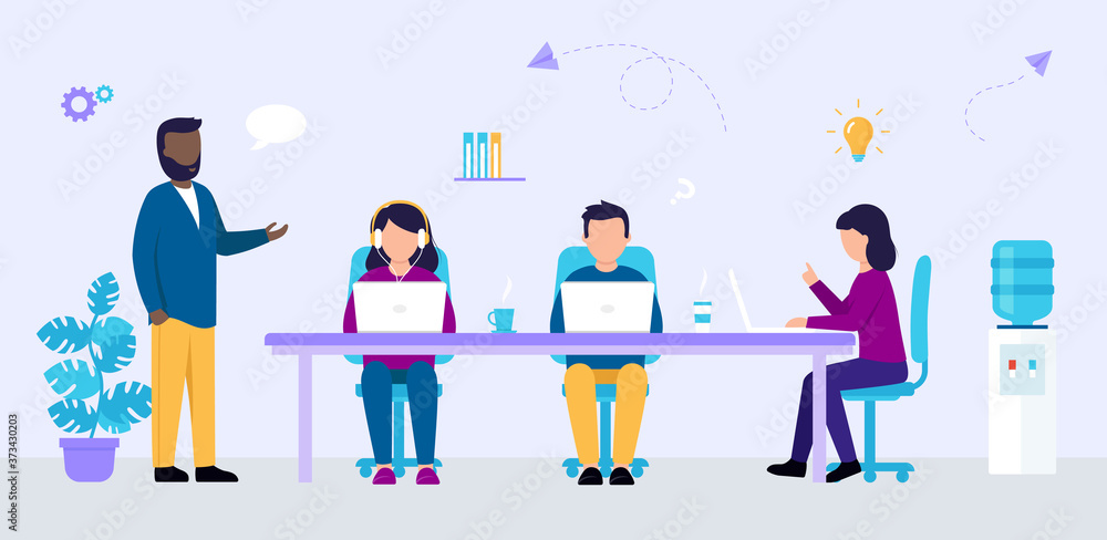 People Coworking Center Concept. Male And Female Designers Work At The Office Using Laptops And Internet. A Group Of People Commucating, Discussing New Design Ideas. Vector Illustration In Flat Style