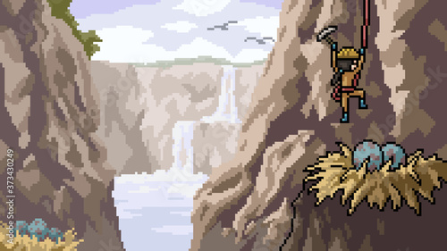 pixel art scene bird egg stealing