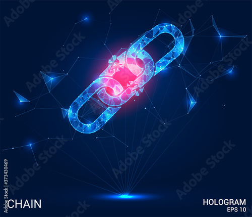 The hologram chain. A chain of polygons, triangles, points, and lines. The chain is a low-poly connection structure. The technology concept.