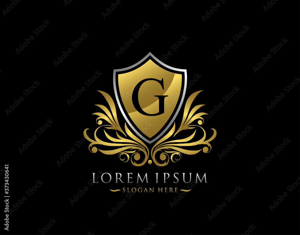 Fototapeta premium Luxury Shield G Letter Logo. Graceful Elegant gold shield icon design.