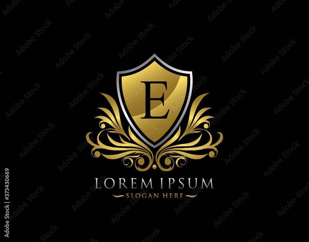 Luxury Shield E Letter Logo. Graceful Elegant gold shield icon design. Luxury Shield E Letter Logo. Graceful Elegant gold shield icon design.
