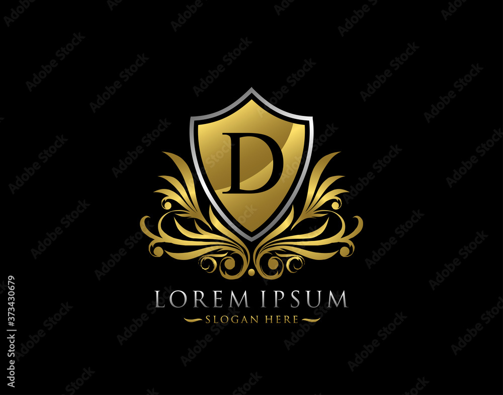 Fototapeta premium Luxury Shield D Letter Logo. Graceful Elegant gold shield icon design.