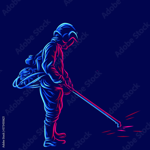 Man grass cutter line pop art potrait logo colorful design with dark background. Abstract vector illustration.