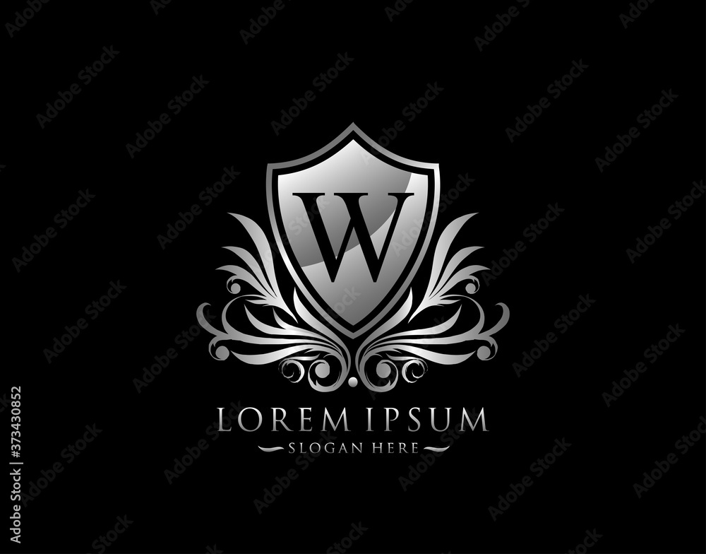 Obraz premium Luxury Shield W Letter Logo. Graceful Elegant Silver shield icon design.