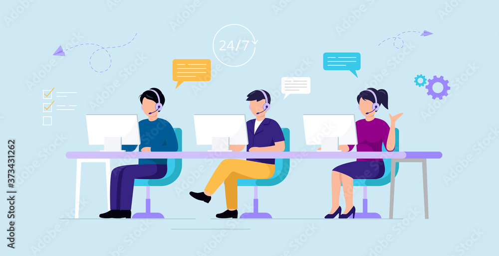 Call Center, Customer Support And Service Concept. People Working At The Call Center Using Computers, Internet And Headsets With Microphone. Support Working 24 7.Vector Illustration In Flat Style