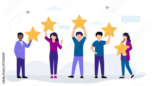 Rating, Customer Review And Feedback Concept. A Group Of Cartoon People Holding Five Stars Over Heads. Client Choices Rating And Customer Review Evaluation. Colorful Vector Illustration In Flat Style