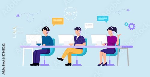 Call Center, Customer Support And Service Concept. People Working At The Call Center Using Computers, Internet And Headsets With Microphone. Support Working 24 7.Vector Illustration In Flat Style