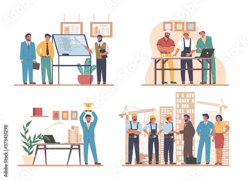 Construction engineers, architects, builder workers flat vector illustration set. Professional contractors engineers working on architecture project plan, construction site. Building industry concept.