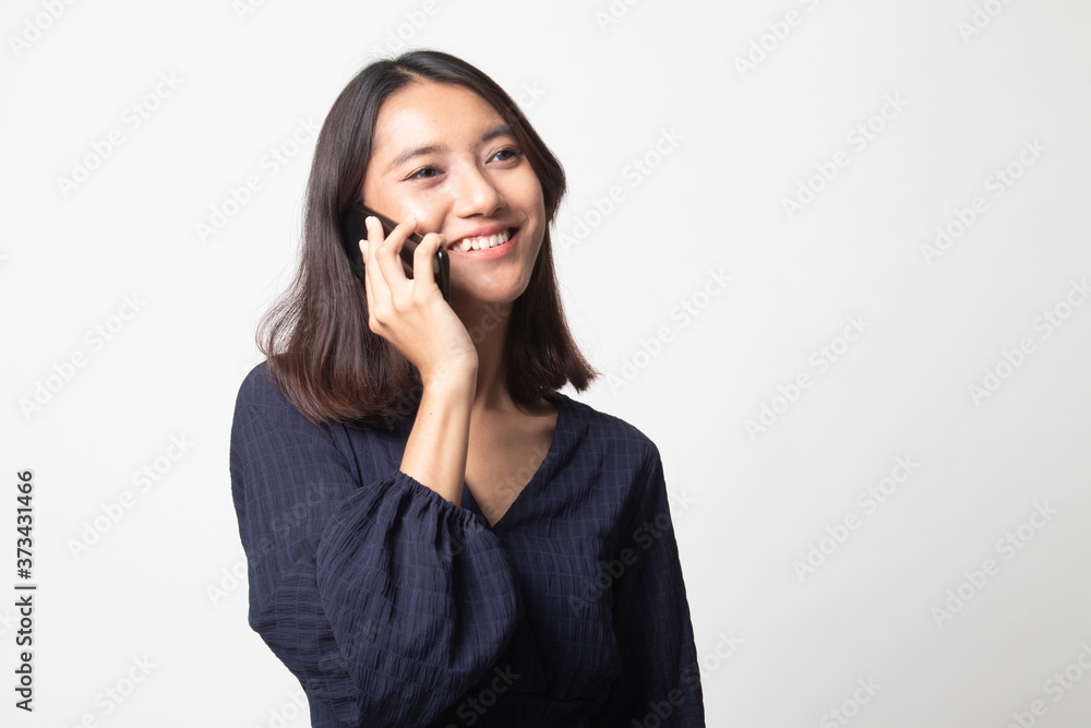 Young Asian woman talking with mobile phone.