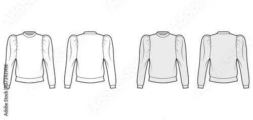 Cotton-jersey sweatshirt technical fashion illustration with relaxed fit  crew neckline  gathered  puffy long sleeves. Flat jumper apparel template front  back white  grey color. Women men  unisex top